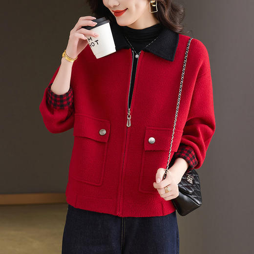 10-6737高级感洋气撞色外套时尚大码女装2025年新款春秋气质翻领毛呢开衫 商品图2