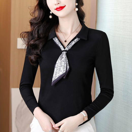 KQL 355h8307法式气质配丝巾长袖T恤修身显瘦洋气上衣 商品图1