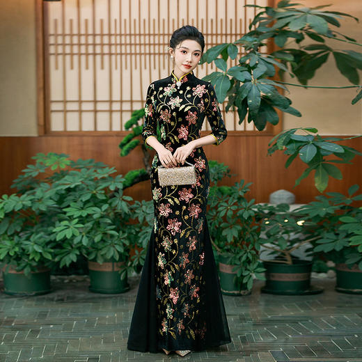 新款旗袍高端大气舞台走秀演出服亮片黑色鱼尾裙QC191 商品图1