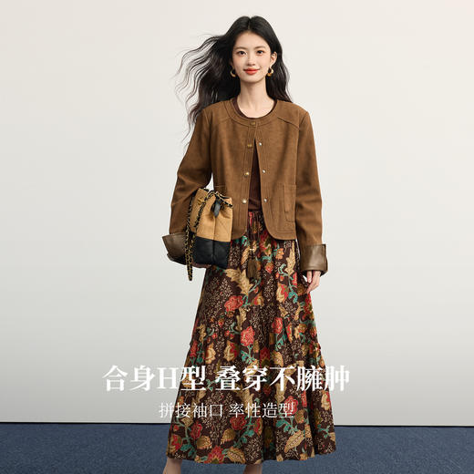 【年货节】熙世界美拉德咖色仿麂皮绒短外套复古印花半身裙两件套女2025秋装 商品图2