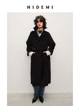 HIDEMI 黑色灯芯绒简约设计感腰带式风衣