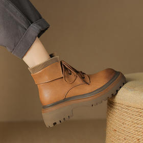 【预售5天】秋冬新款真皮厚底圆头擦色系带马丁靴女松糕底卡其色复古短靴MDY&AM2169-15