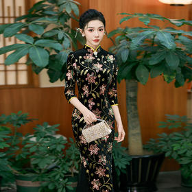 新款旗袍高端大气舞台走秀演出服亮片黑色鱼尾裙QC191