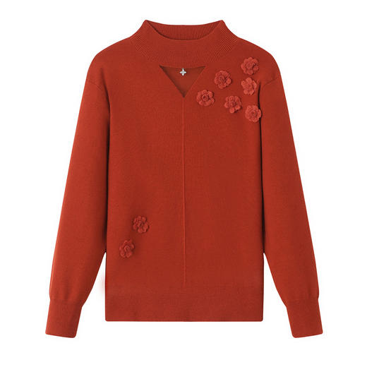 CC 25346气质上衣半高领打底衫减龄时髦立体花朵毛衣 商品图4