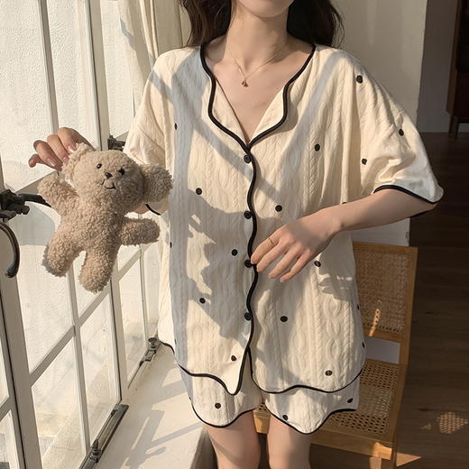【肌肤的本能选择】包边开衫短袖家居服套装 自带无感Bra 贴身舒适 自然与科技结合的柔软面料 释放睡前肌肤压力 商品图1