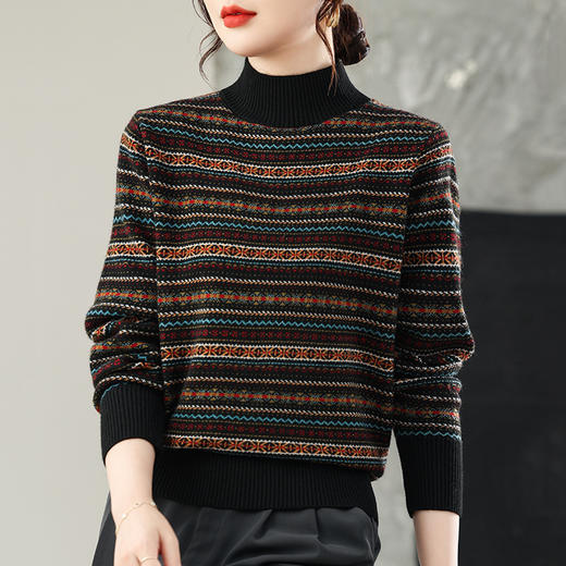 CC 25348复古条纹针织衫漂亮减龄上衣半高领宽松大码 商品图2