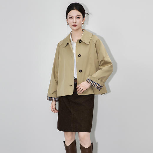 「高货wl」全新升级【铂金会员367/天猫499/差价132】(20527)洛诗琳法式复古格纹拼接外套2025秋季宽松短款风衣外套 商品图1