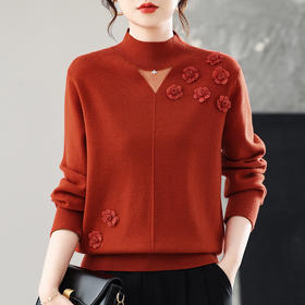 CC 25346气质上衣半高领打底衫减龄时髦立体花朵毛衣