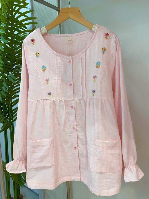 松植屋【静晓】女士圆领长袖长裤套装女款双层纱小花刺绣睡衣家居服 商品图1