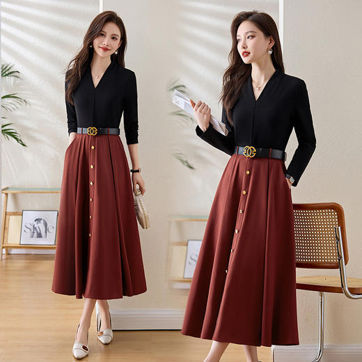 XRZ5235高端精致洋气撞色拼接连衣裙女2024年春秋新款收腰显瘦百搭长裙子 商品图1