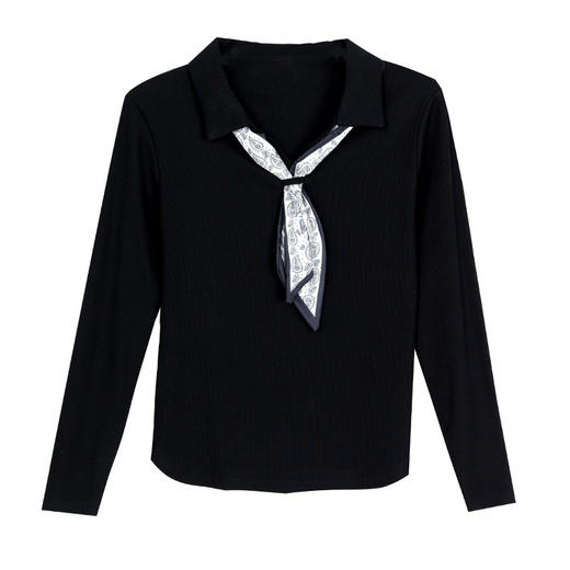 KQL 355h8307法式气质配丝巾长袖T恤修身显瘦洋气上衣 商品图4