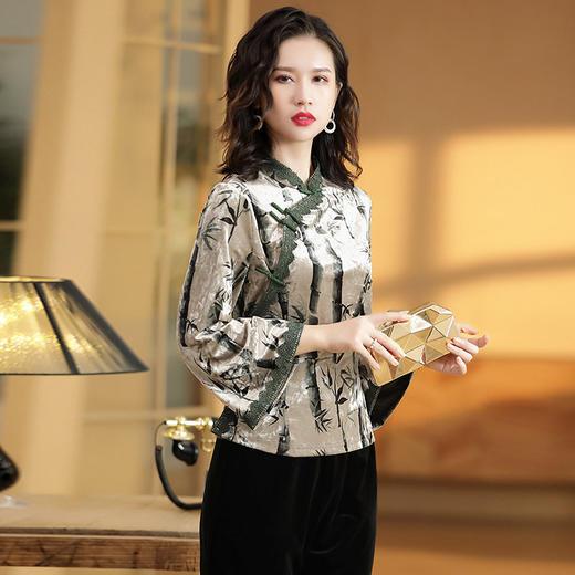 春秋丝绒竹印花立领良修身上衣唐装AYK190926 商品图0