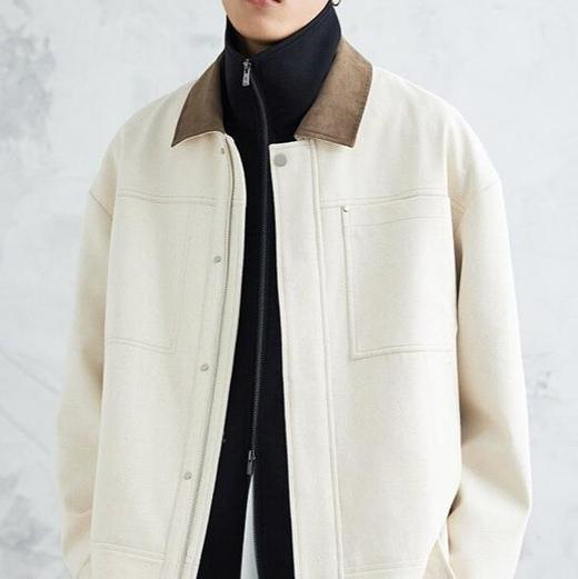 现货春季新款拼接翻领棉斜纹廓形工装夹克男宽松休闲外套 商品图0