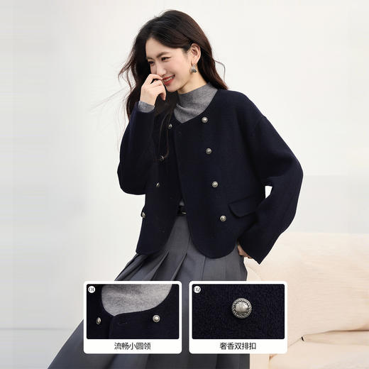 【10/1新品】熙世界小香风短款毛呢外套女秋冬新款圆领双面呢100.%绵羊毛大衣 商品图1