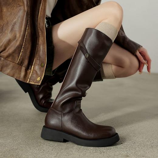 【预售7天】粗跟圆头厚底骑士靴女秋冬新款直筒靴英伦风皮带扣长靴不过膝MX&mx88732 商品图2