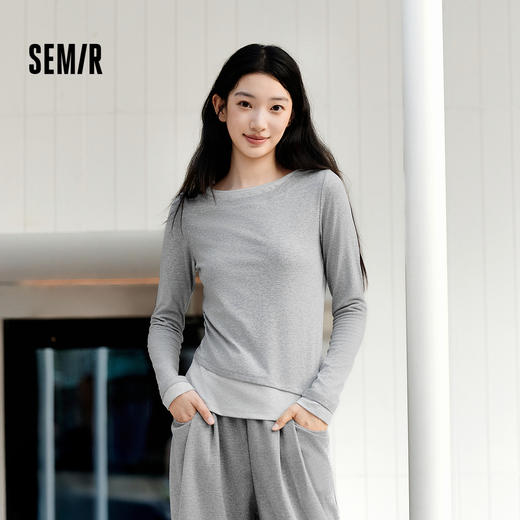 森马长袖T恤女不对称假两件2025秋季新款小心机修身拼色衣服百搭 商品图0