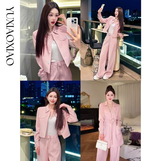 余潇潇【甜心工坊】珠片刺绣皮质翻领长款风衣&短款外套&宽松直筒裤 商品图0