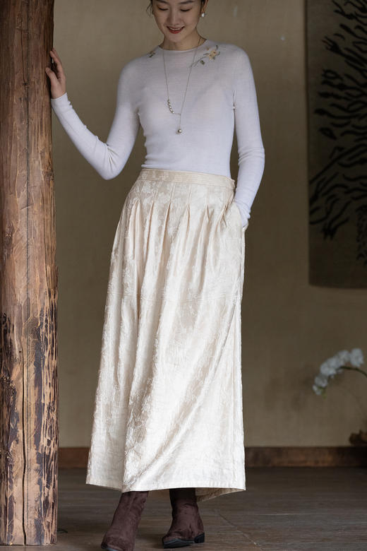 牧衣游原创 芍药提花半裙秋新款柔软轻盈宽松百搭A字半身裙 蜜尔 商品图5