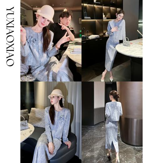 余潇潇【静谧宣言】100绵羊毛拼接手工立体花朵圆领上衣&长半裙套装 商品图0