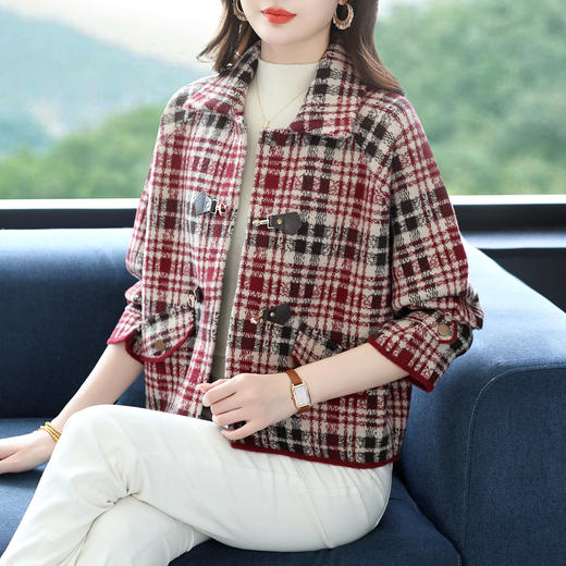 YY-2719-268小香风毛呢短外套女士2025春秋冬季新款洋气时尚翻领格子开衫女 商品图2