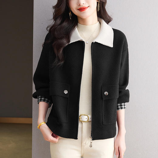 10-6737高级感洋气撞色外套时尚大码女装2025年新款春秋气质翻领毛呢开衫 商品图3