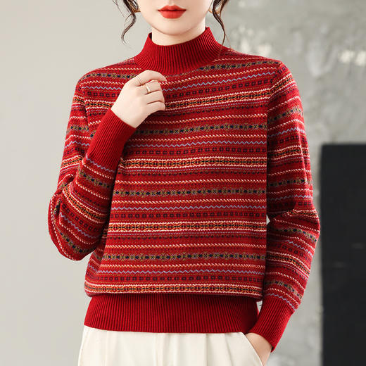 CC 25348复古条纹针织衫漂亮减龄上衣半高领宽松大码 商品图1