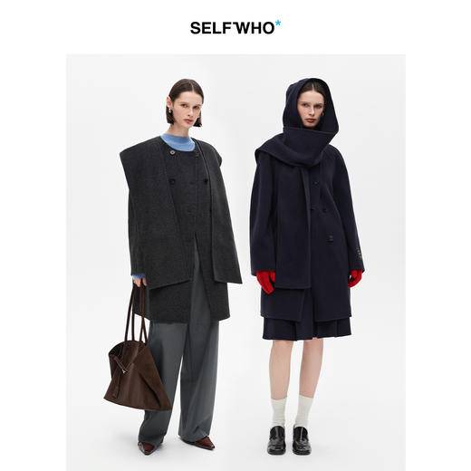 SELFWHO绵羊毛可拆卸连帽双面呢外套女25冬新款斗篷披肩毛呢大衣 商品图1