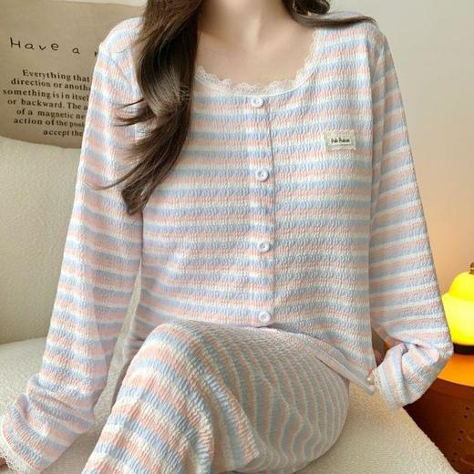 【色织条纹睡衣】2025新款简约休闲风女生春秋季长袖带胸垫家居服套装 商品图4