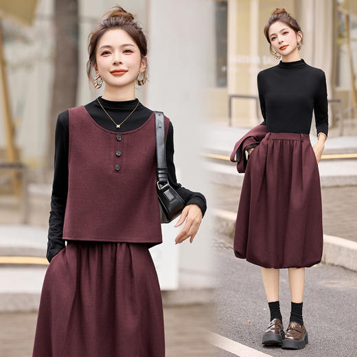 GJC25932025秋季新款女式高定三件套圆领马甲内搭花苞半身裙减龄时尚套装 商品图1