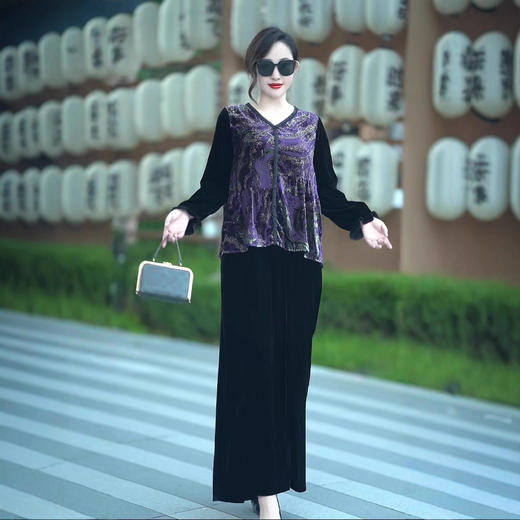 LX 30174丝绒新中式大码贵夫人复古气质上衣阔腿裤两件套 商品图2