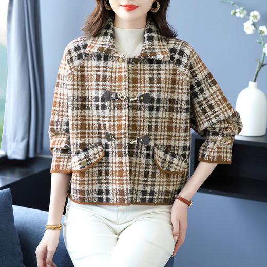 YY-2719-268小香风毛呢短外套女士2025春秋冬季新款洋气时尚翻领格子开衫女 商品图1