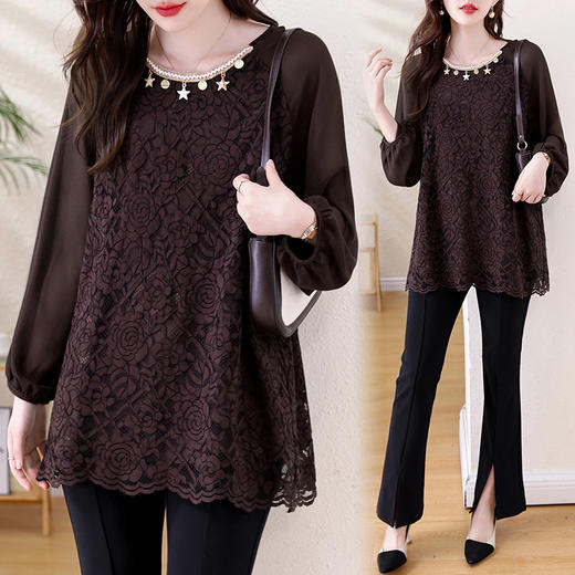 KQLA56N8126洋气拼接蕾丝衫女秋季新款宽松上衣2025年大码欧洲站气质罩衫 商品图3