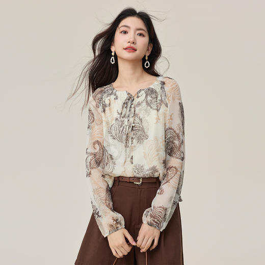 【10/1新品】熙世界度假风腰果印花衬衫女士长袖秋季休闲宽松复古松弛感雪纺衫 商品图3