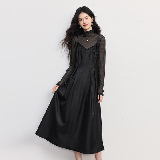【10/1新品】熙世界琥珀流光PU皮吊带裙套装女秋冬复古网纱打底衫连衣裙两件套 商品图3
