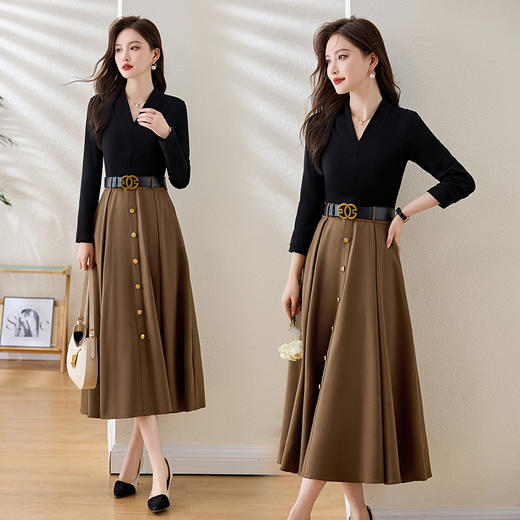 XRZ5235高端精致洋气撞色拼接连衣裙女2024年春秋新款收腰显瘦百搭长裙子 商品图2