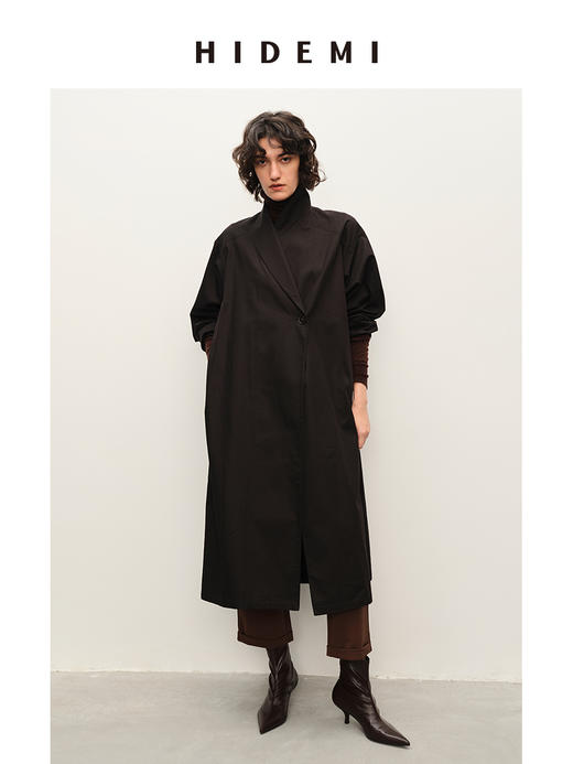 HIDEMI 极简大廓形青果领翻领式宽松长款都市感风衣 商品图0