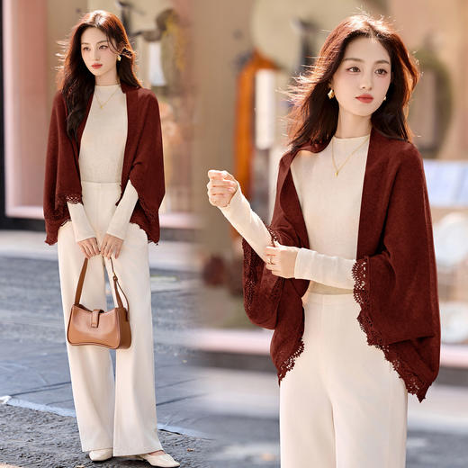 今年流行爆款披肩开衫2025秋季新款女装蕾丝拼接外搭羊毛斗篷外套 商品图1