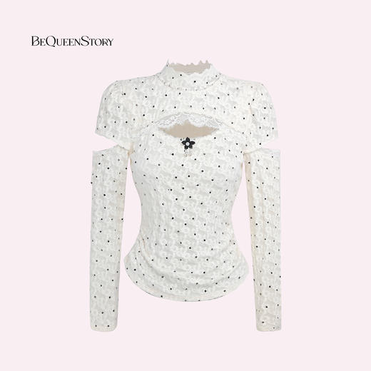 余潇潇【玛德琳茶会】设计感立体波点印花胸口花边镂空弹力显瘦上衣 商品图4