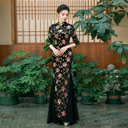 新款旗袍高端大气舞台走秀演出服亮片黑色鱼尾裙QC191 商品图3