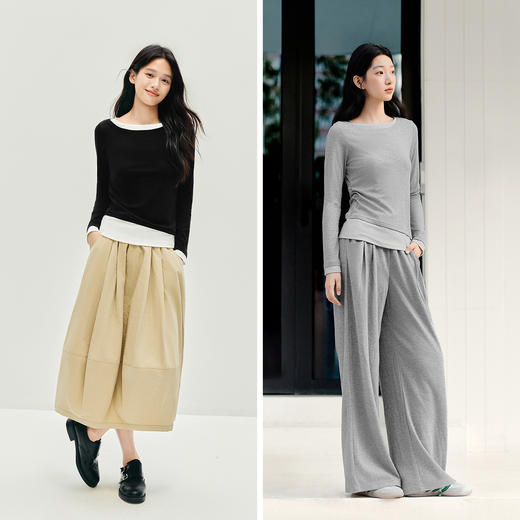 森马长袖T恤女不对称假两件2025秋季新款小心机修身拼色衣服百搭 商品图4