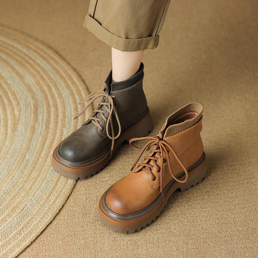 【预售5天】秋冬新款真皮厚底圆头擦色系带马丁靴女松糕底卡其色复古短靴MDY&AM2169-15 商品图4