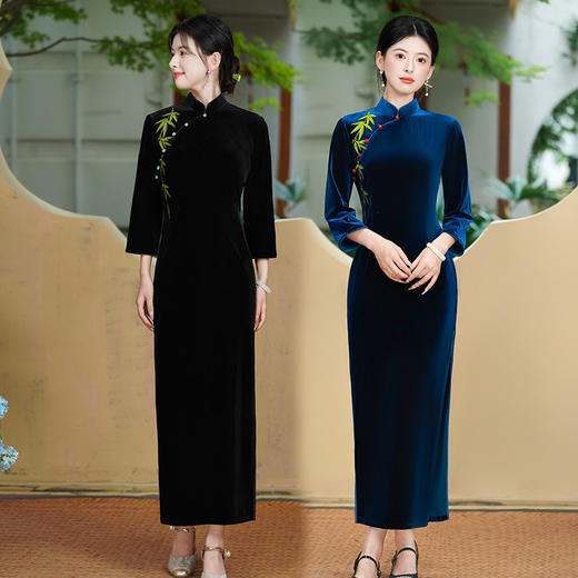 秋冬季改良年轻款刺绣金丝绒长袖旗袍SC22029 商品图0