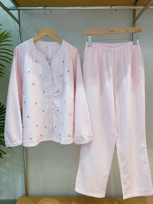 松植屋【沙宛】圆领开门襟长袖长裤套装女款100%棉 双层纱小花刺绣睡衣家居服 商品图3