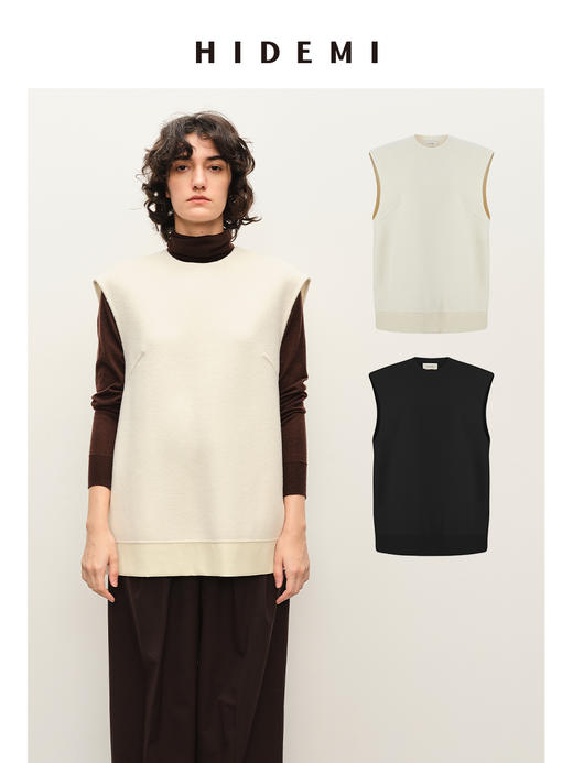 HIDEMI进口澳洲美利奴羊毛极简圆领下摆拼皮设计感后背开衩系带廓形马夹 商品图0