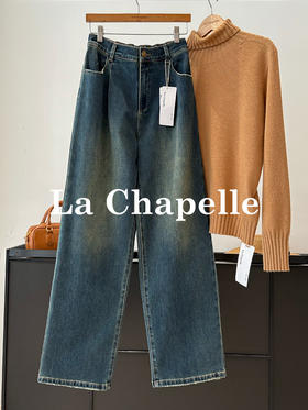 会员福利【Ykk拉链+梨形救星】拉夏贝尔/La Chapelle高腰半松紧直筒阔腿裤女复古水洗牛仔裤显瘦百搭