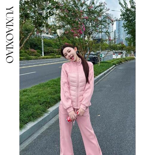 余潇潇【活力雪场】时尚烫钻立领绒羽拼接加绒上衣&直筒裤运动套装 商品图3