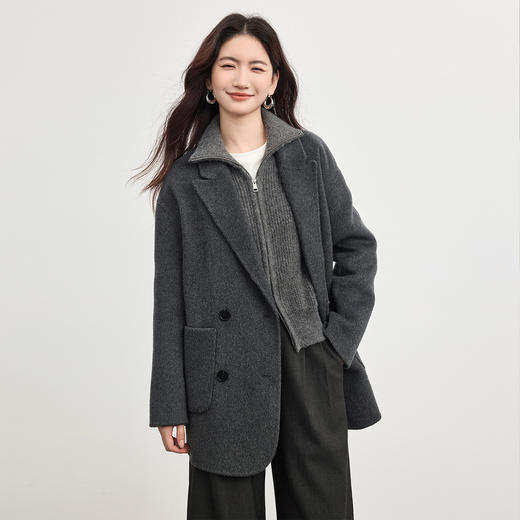 【10/1新品】熙世界仿驼绒坑条毛衣开衫女秋冬2025新款双头拉链翻领针织短外套 商品图4