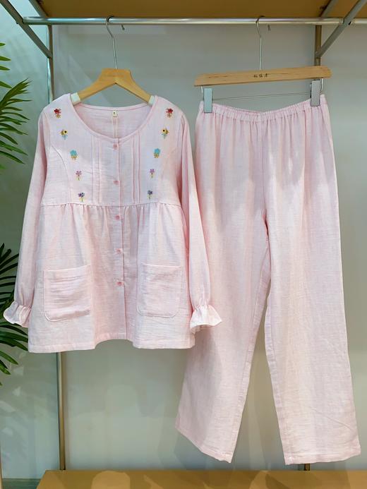 松植屋【静晓】女士圆领长袖长裤套装女款双层纱小花刺绣睡衣家居服 商品图0