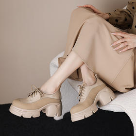 【预售5天】真皮厚底单鞋女春秋季新款深口粗跟乐福鞋女高跟小皮鞋HCYYHD&5795