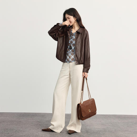 【10/1新品】熙世界网纱复古格纹T恤长袖女秋季小众设计捏褶收腰荡领打底上衣 商品图4